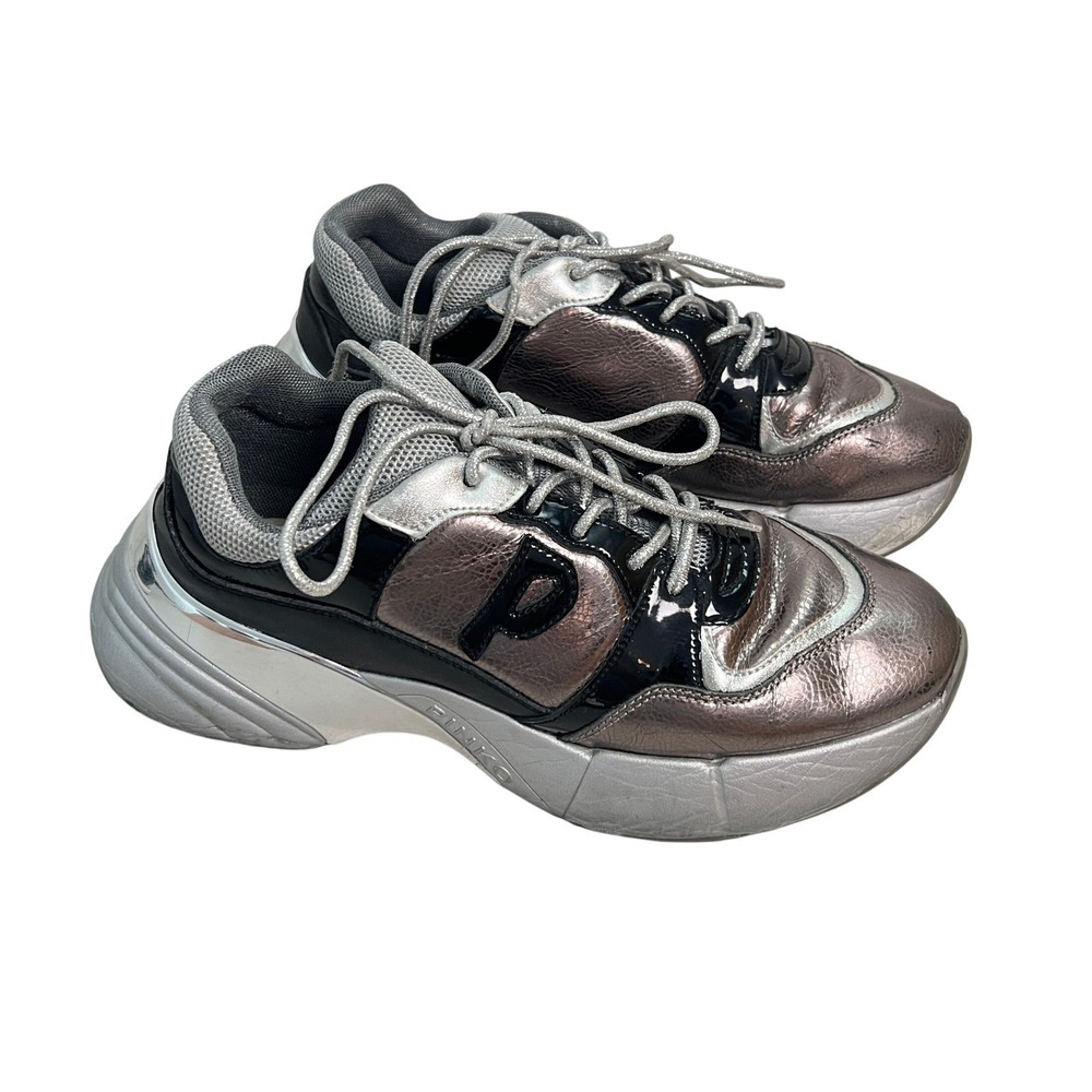 Pinko Women's Metallic Silver Leather Chunky Sneakers Platform Shoes‎ 39 8.5